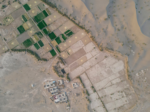 Drone point of view a tiny village on the edge of desert, Isfahan, Iran