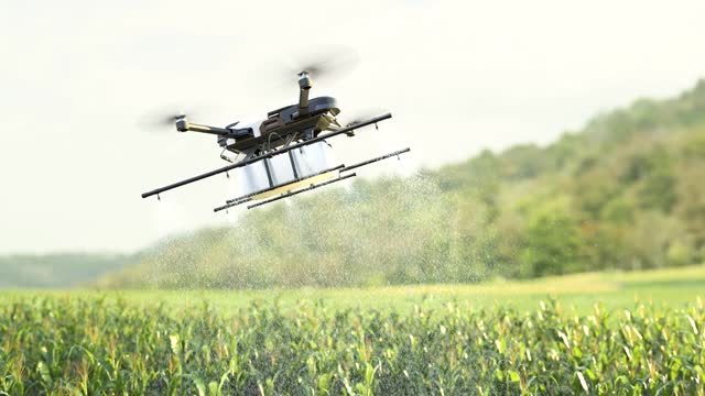 Drone spraying fertilizer on corn fields, Smart farming innovation, Agriculture technology, Farm Automation