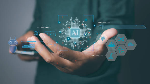 istock Man holding global network of Artificial Intelligence (AI), futuristic background. 1495535930