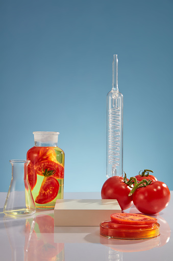 Square-shaped podium with vacant space to show product with Tomato (Solanum lycopersicum) extract. Laboratory glassware with tomato slices inside. Modern minimal showcase scene