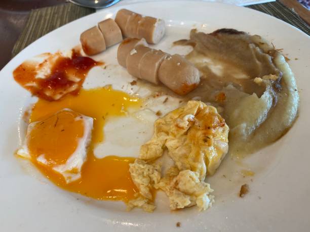 istock leftovers, closeup empty and dirty plate on the breakfast table. leftovers of breakfast or lunch table. food concept photo. half eaten egg omelette 1495538186