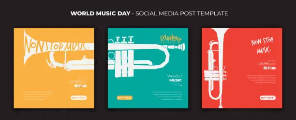 Vector illustration of Set of social media post template for world music day design with trombone in flat design