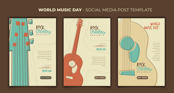 Set of Social media post template with flat acoustic guitar template in vintage design