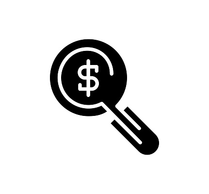 Financial insights black filled vector icon with clean lines and minimalist design, universally applicable across various industries and contexts.