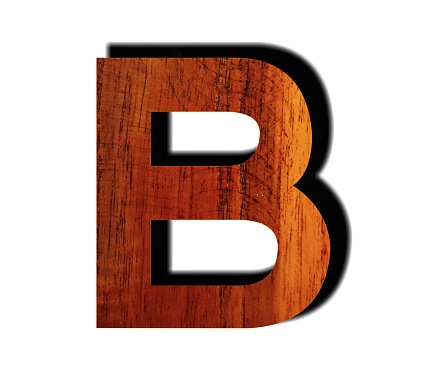 Letter B alphabet sign symbol uppercase wooden texture on white background for design elements