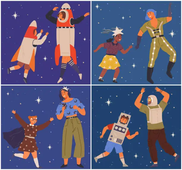 Vector illustration of Animators at birthday in cosmic style. Theme party in costumes. People in costumes have fun at space party