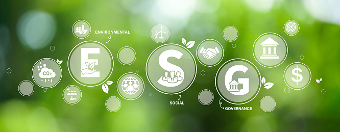 ESG icon concept for environmental, social, and governance in sustainable and ethical business on the Network connection on a green background.