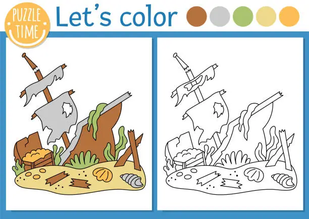 Vector illustration of Under the sea coloring page for children with wrecked ship. Vector ocean life outline illustration with ruined boat. Color book for kids with colored example. Drawing skills printable worksheet