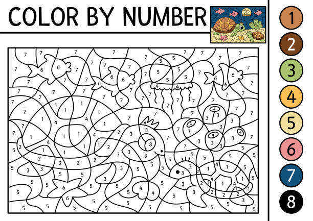 Vector under the sea color by number activity with turtle and baby. Ocean life scene. Black and white counting game with water animal. Coloring page for kids with underwater landscape Vector under the sea color by number activity with turtle and baby. Ocean life scene. Black and white counting game with water animal. Coloring page for kids with underwater landscape color by number jelly fish stock illustrations