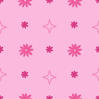 Hand drawn pattern with abstract floral elements and stars. Background for use in design, packing, textile, fabric. Girlish fashion dollcore allover print. fashion doll core pink background