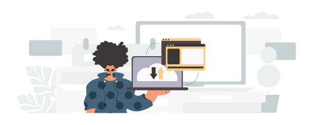istock The person is holding a tablet, which is synchronized with the information capacity. Trendy style, Vector Illustration 1495558414