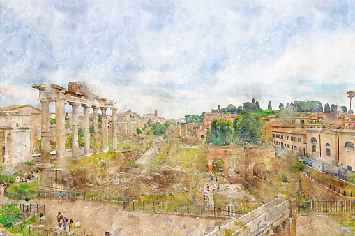 Digital illustration in watercolor style of Foro Romano in summer and the old quarter is nearby, Rome , Italy