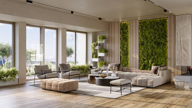 istock Live green wall in home interior. Vertical gardening, 3d rendering 1495562553