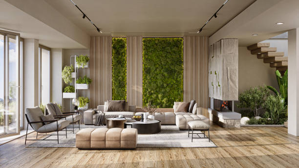 istock Live green wall in home interior. Vertical gardening, 3d rendering 1495562577