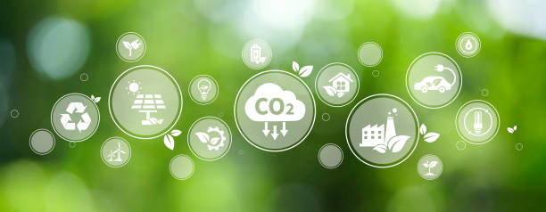 ilustraciones, imágenes clip art, dibujos animados e iconos de stock de el concepto de reducir las emisiones de co2 utilizando energía limpia y reducir el problema del cambio climático con el icono de relación en el fondo del medio ambiente verde para el banner web. - carbon dioxide environment leaf climate