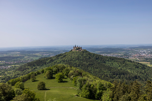 hechingen, germany - may 28, 2023: beautiful aerial view at hohenzollern castle in baden-württemberg, south germany.