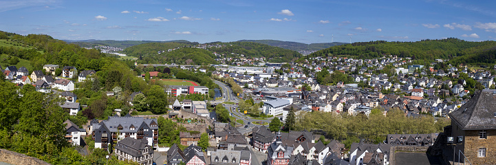 Panoramic aerial view of Dillenburg town viewed from Williams Tower, in Hesse in Germany. Rooftop views on a beautiful sunny spring day.