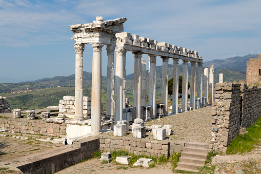 Pergamon was a rich and powerful ancient Greek city in Mysia. It is located 26 kilometres from the modern coastline of the Aegean Sea on a promontory on the north side of the river Caicus and northwest of the modern city of Bergama, Turkey.