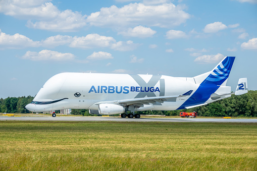 The Airbus Beluga XL 2 on its maiden landing at Ingolstadt-Manching Airport in 2020 transporting aircraft parts en route from Toulouse to London.