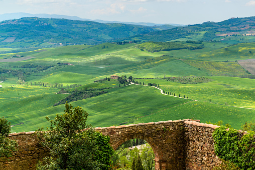 View of the Val d'Orcia from the stone walls of Pienza