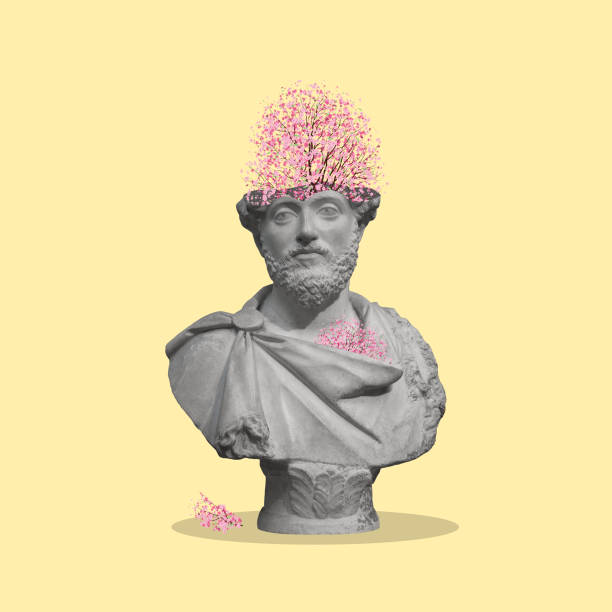 istock Creative collage of the head of a statue with flowering spring tree. 1495568149
