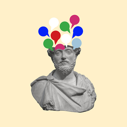 Creative collage of the head of a statue with a dialogue bubble. Concept of communication, news, chat. Modern design. Copy space.