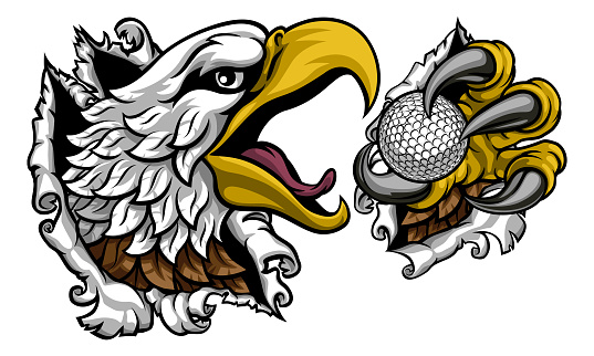 A bald eagle or hawk with claw talons holding a golf ball and ripping or tearing through the background. Sports Mascot