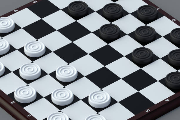 istock Draughts on gray background. Board game. Beginner training. International championship. Pastime with family. 3d render 1495574377