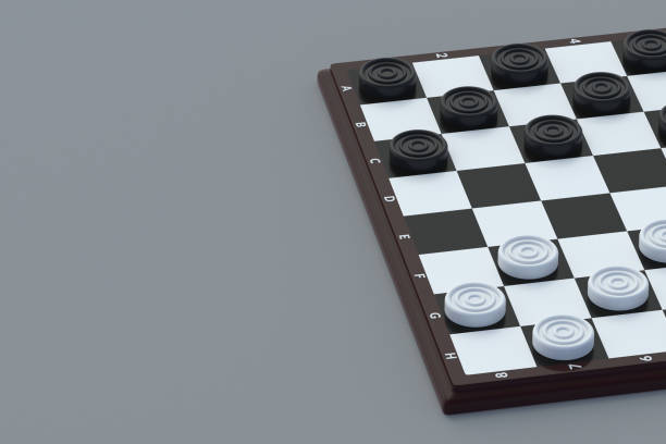 istock Draughts on gray table. Board game. Beginner training. International championship. Pastime with family. Copy space. 3d render 1495574408