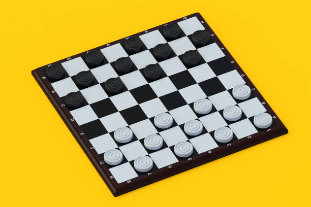 istock Draughts on orange background. Board game. Beginner training. International championship. Pastime with family. 3d render 1495574425