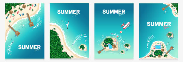вид с воздуха на тропический пляж - tropical climate banner tropical rainforest placard stock illustrations