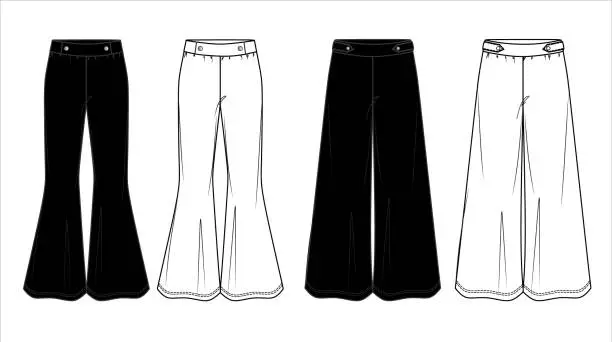 Vector illustration of Vector flare pants for girls fashion CAD, sketch template, basic woman wide leg trousers technical drawing, trendy leggings flat, mock up. Jersey or woven fabric pants, from and back view, white color