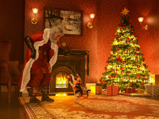 Digital image of Santa Claus playing with a calico cat in an old fashioned classic Christmas setting. Santa wears a costume with Victorian era styling, and uses a Christmas tree ornament on a string as a cat toy. The scene is warmly lit by room lights, a fireplace, and a Christmas tree.