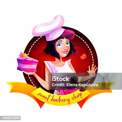 istock Cartoon characters of confectionery and bakery. Girl with cakes and cookies with hearts on the background of a sweet confectionery signboard on a white background. Creative promotional sign for store, useful applications. 1495575991