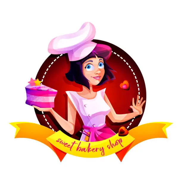 Vector illustration of Cartoon characters of confectionery and bakery. Girl with cakes and cookies with hearts on the background of a sweet confectionery signboard on a white background. Creative promotional sign for store, useful applications.