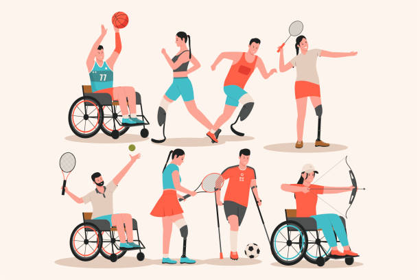 illustrazioni stock, clip art, cartoni animati e icone di tendenza di vettore piatto di atleti con diverse disabilità - basket su sedia a rotelle