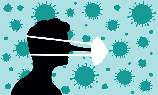 Coronavirus lies, epidemic rumors, human face with long nose and stretched medical mask, vector illustration