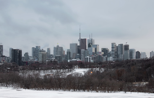 The city’s skyline on a cloudy winter day in Toronto, Ontario, Canada.