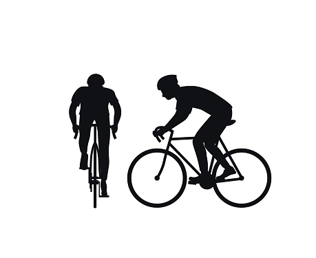 Black silhouette of a cyclist on a white background. Front view and side view. Man on a bicycle in a helmet. Silhouette. Flat vector illustration.