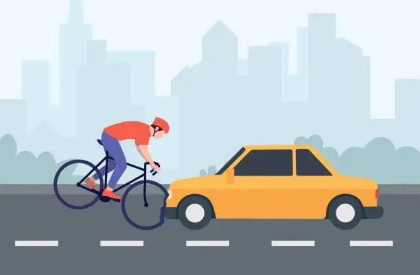 Vector illustration of Road accident. The cyclist and the car collide on the road face to face.