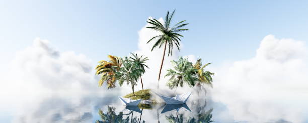 Unusual 3d illustration of a tropical island. Couple in love hug sitting in a hammock between two palms on a beach. Travel and vacation concept.
