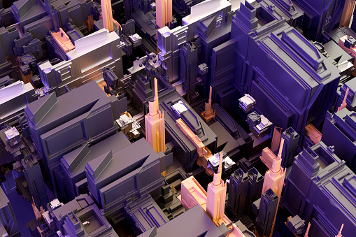 3d Render. City Buildings Skyscrapers Modern Architecture. Isometric View.