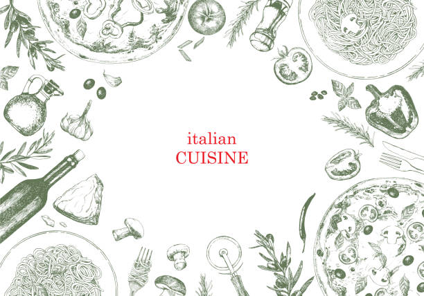 ilustraciones, imágenes clip art, dibujos animados e iconos de stock de grabadococina tradicional italiana. - italian cuisine illustrations