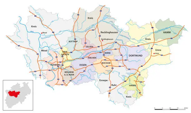 Vector illustration of vector map of the largest German metropolitan region, the Ruhr area