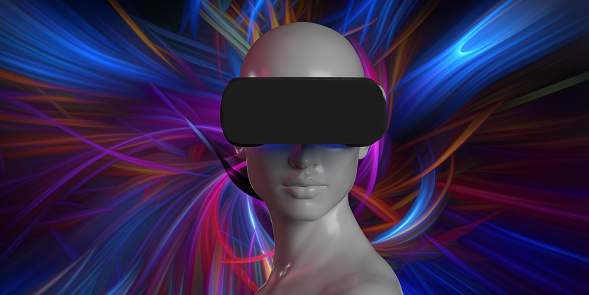VR Metaverse digital cyber technology concept: 3D white avatar head model with black wearable simulator computer a Virtual Reality headset with blank screen connecting to virtual space. AR, augmented reality games, blockchain. Futuristic abstract background, copy space.