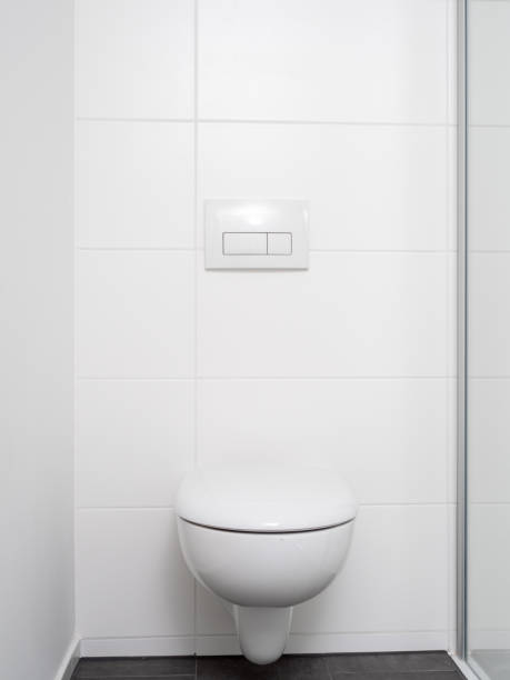 toilet bowl in a modern bathroom. - toilet public restroom bathroom flushing imagens e fotografias de stock