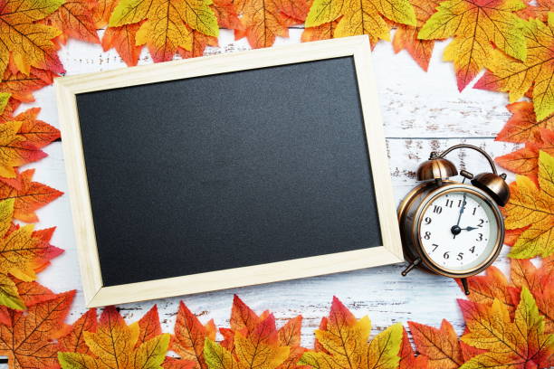istock Empty space for copy with alarm clock and maple leaves border frame on wooden background 1495588596