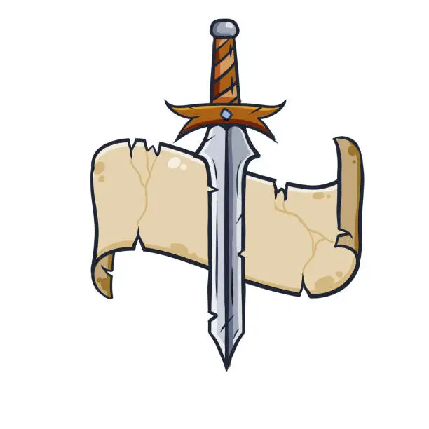 Vector illustration of Sword and ribbon. Medieval knight drawing