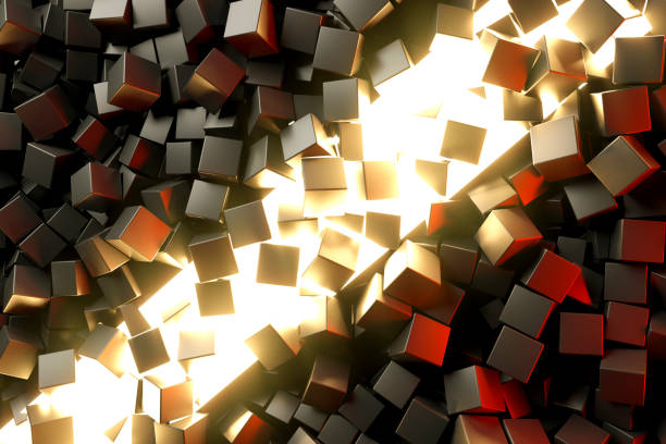 istock Black color cubes flying around led light, abstract background 1495596750