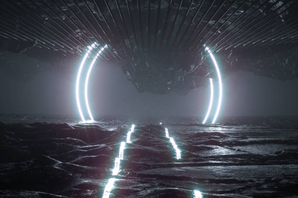 istock Ultraviolet neon laser glowing light tunnel corridor abstract 3d background 1495599273